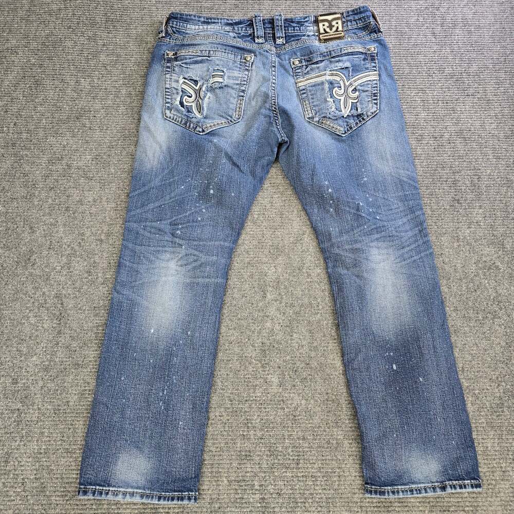 Rock Revival Thor Straight Jeans Mens 42x32 Blue Distressed Ripped Denim
